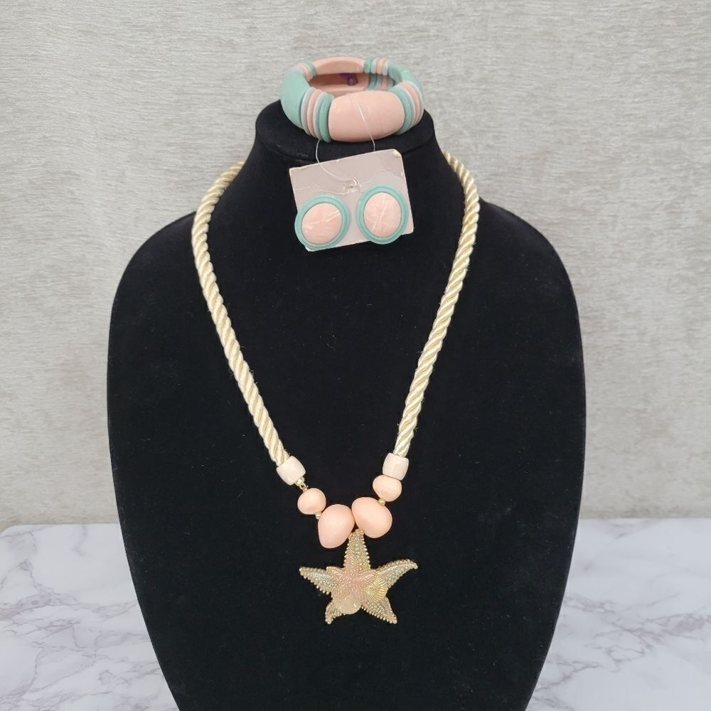 Vintage 80s Pastel Jewelry Set Starfish Pendant Necklace Earrings Bracelet